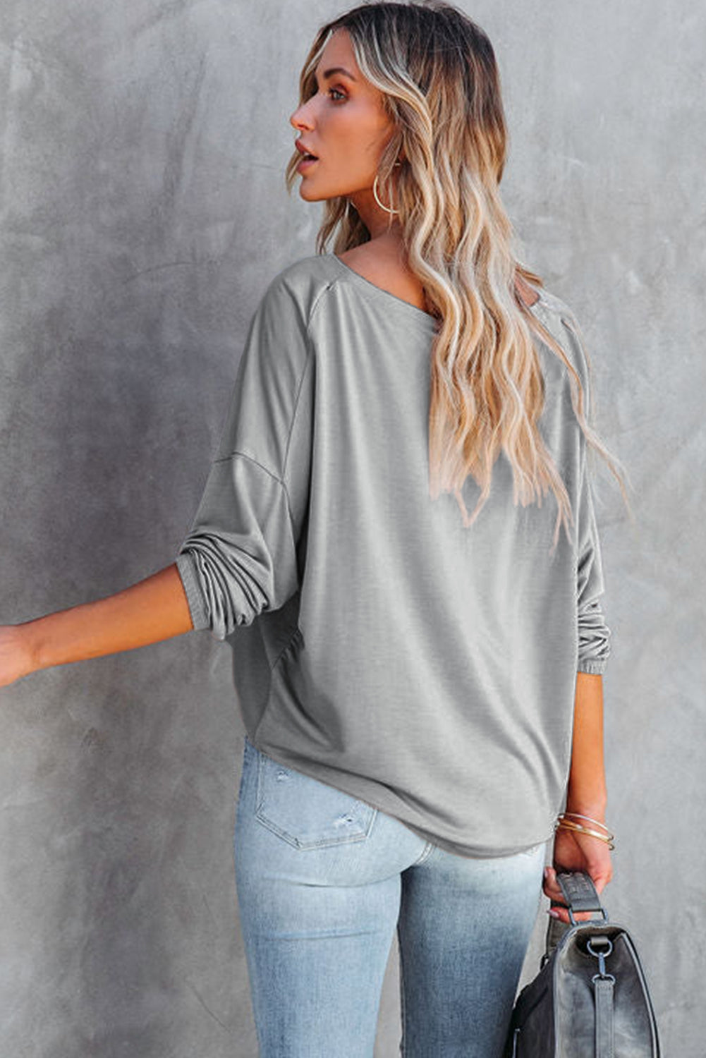 Gray Loose Fit Wide Neck Batwing Sleeves Top