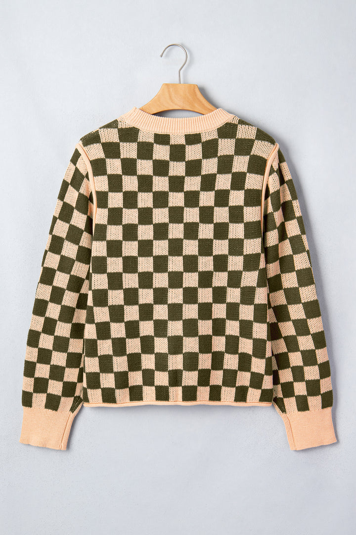 Multicolour Drop Shoulder Plaid Knit Long Sleeve Sweater