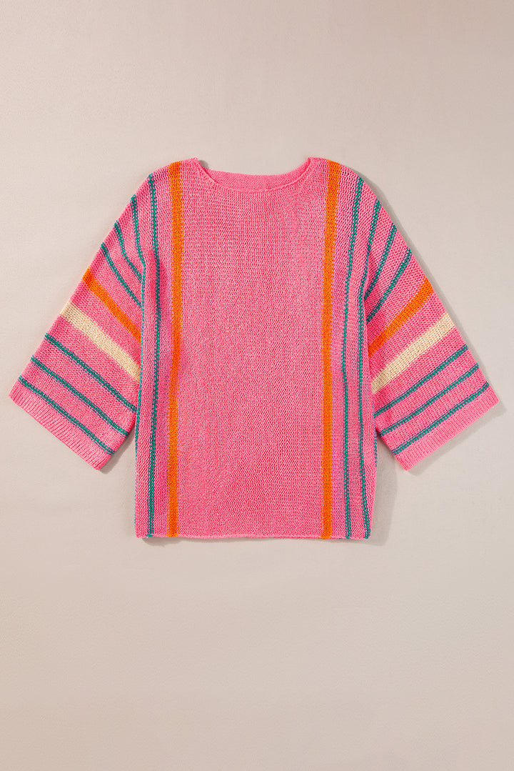 Rose Striped Detail Wide Sleeve Lightweight Knitted Sweater