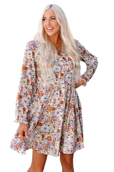 Multicolor Split Neck Buttons Front Shirt Floral Dress