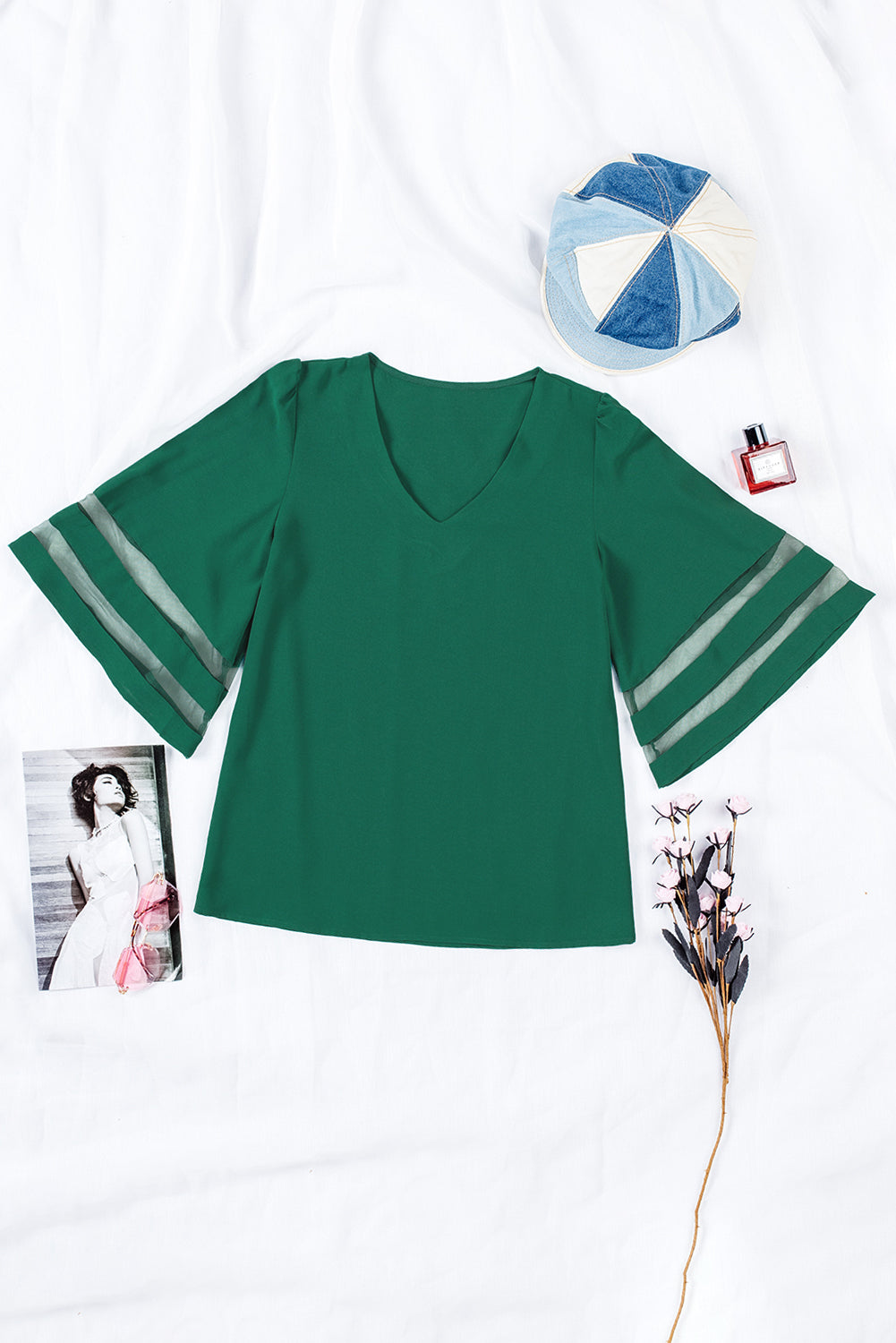 Green Flare Sleeve V Neck Loose Blouse