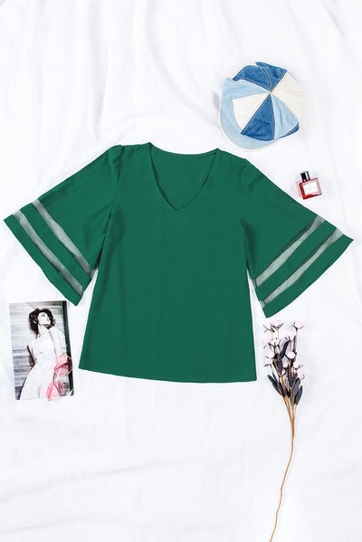 Green Flare Sleeve V Neck Loose Blouse