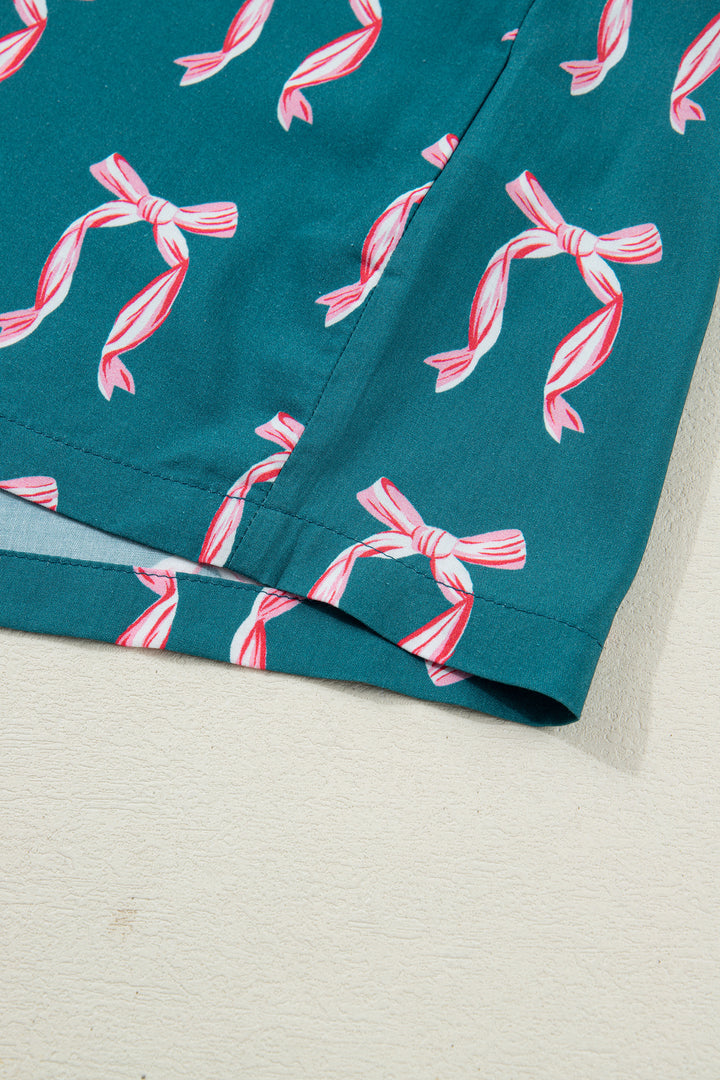 Green Ribbon Bow Print Silky Long Sleeve Shirt and Shorts 2pcs Pajama Set