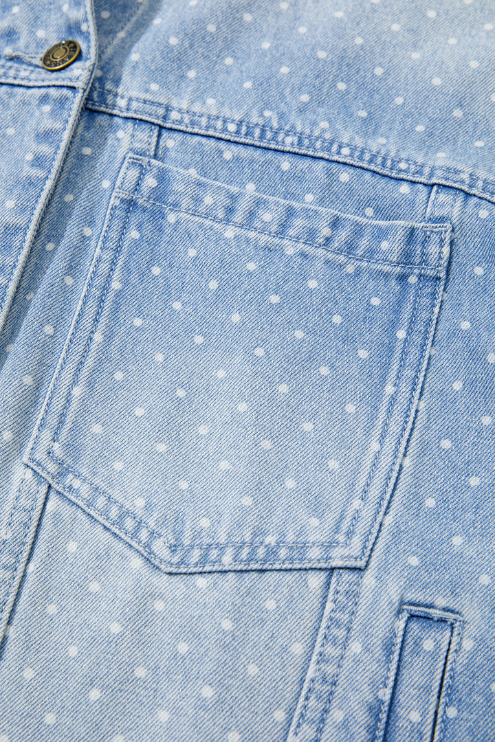 Sky Blue Polka Dot Long Sleeve Collar Pocket Casual Shift Silhouette Denim Jacket