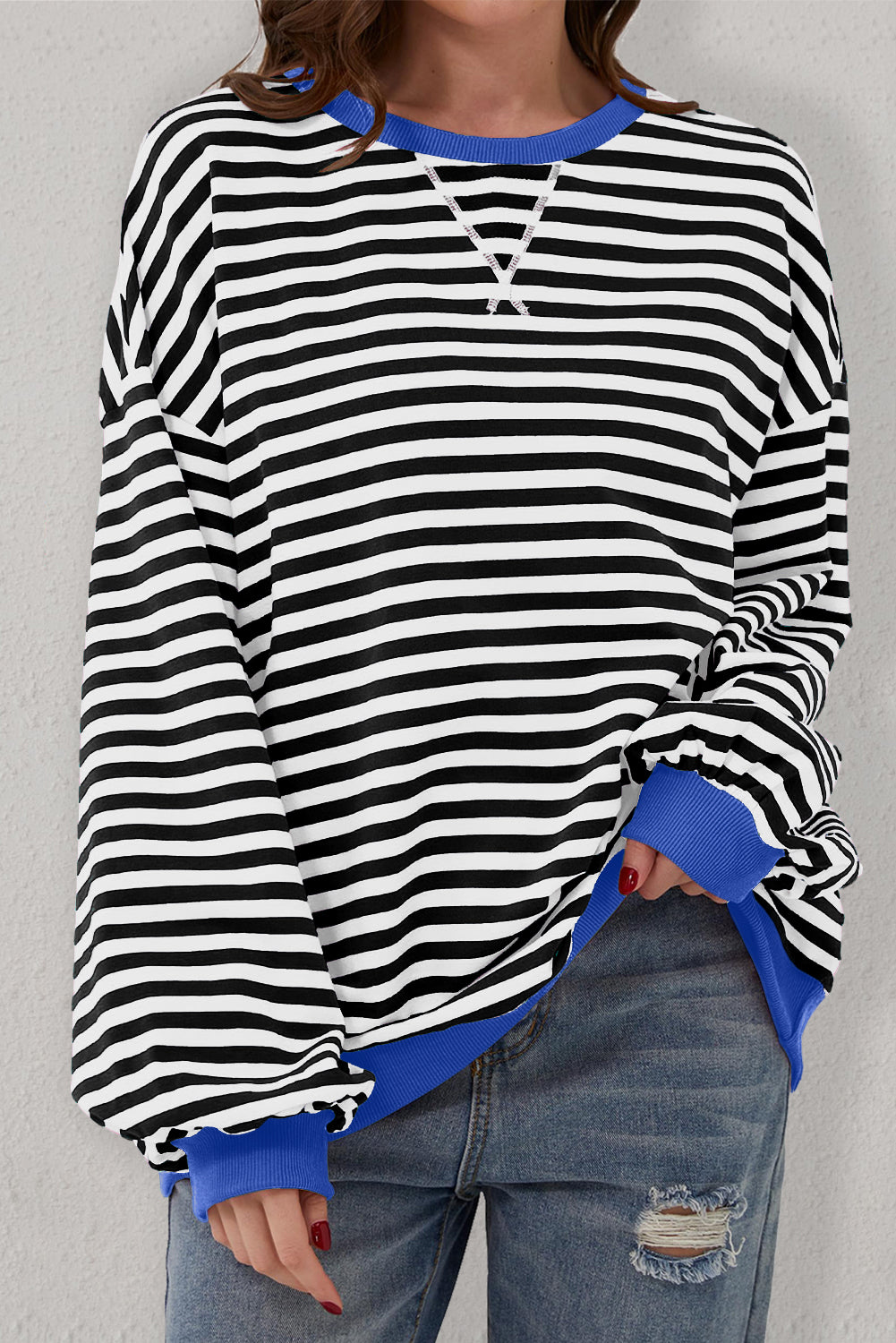 Black Stripe Oversized Contrast Trim Pullover Sweatshirt