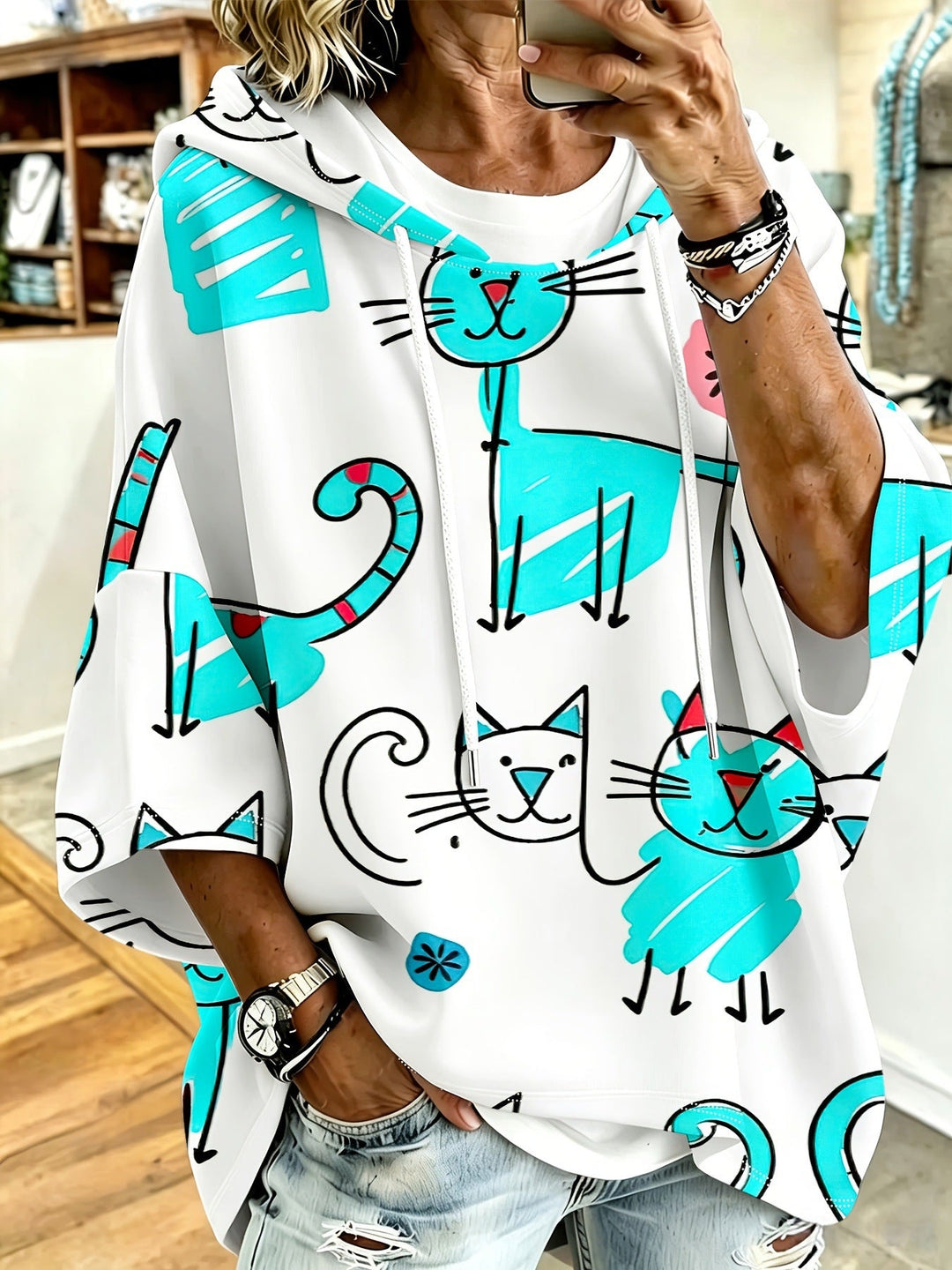 Cartoon Cat Print Hoodie with 3/4 Sleeves &amp; Drawstring