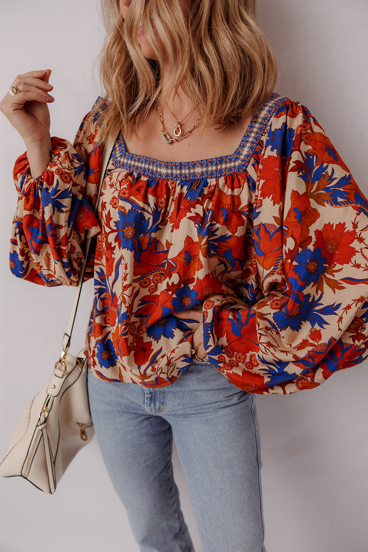 Adeline Floral Print Square Neck Backless Loose Fit Blouse
