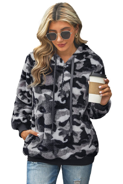 Gray Camo Print Warm Furry Pullover Hoodie