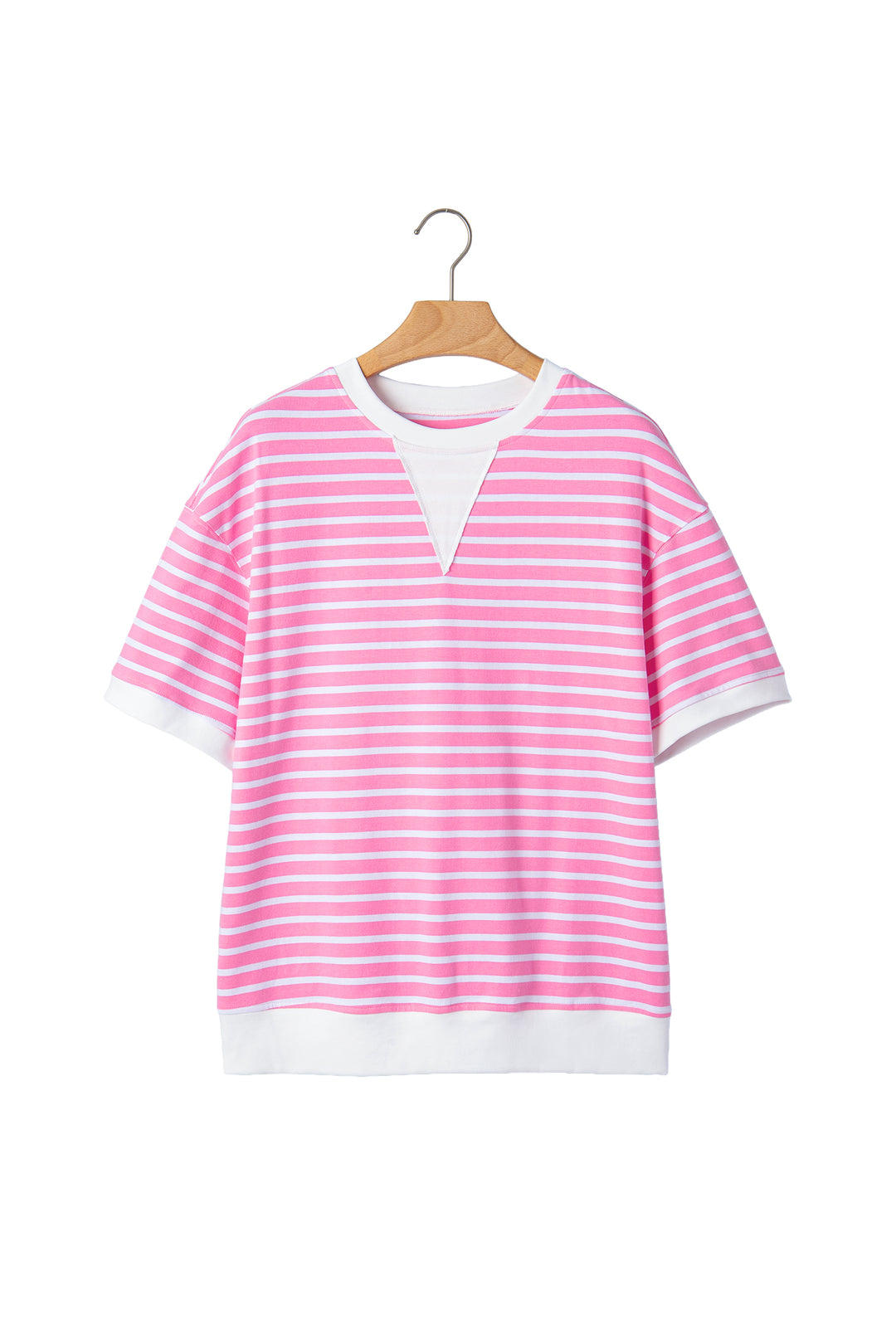 Pink Stripe Round Neck Drop Shoulder Short Sleeve Loose Top