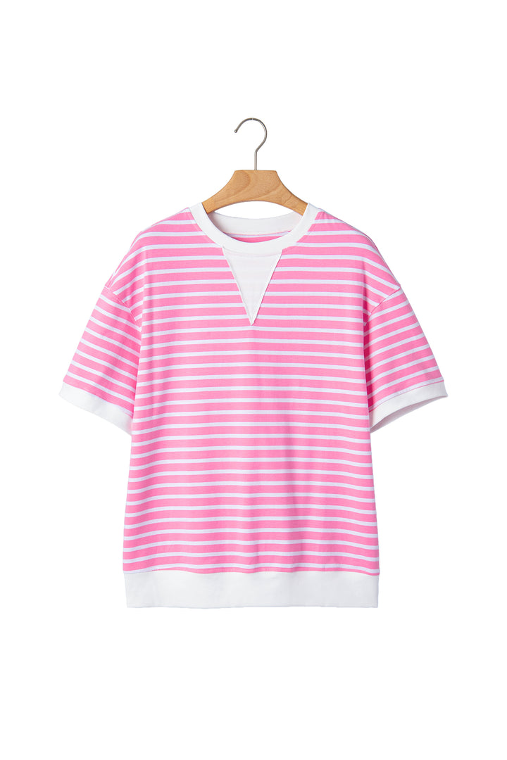 Pink Stripe Round Neck Drop Shoulder Short Sleeve Loose Top