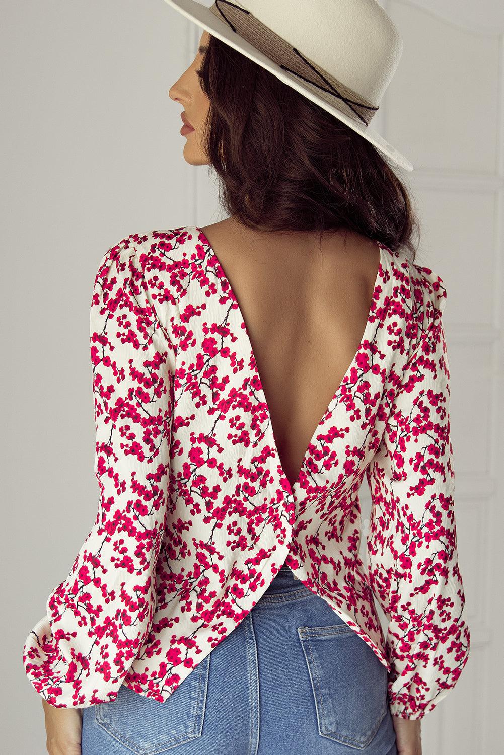 Red Floral Print Long Sleeve Open Back Blouse