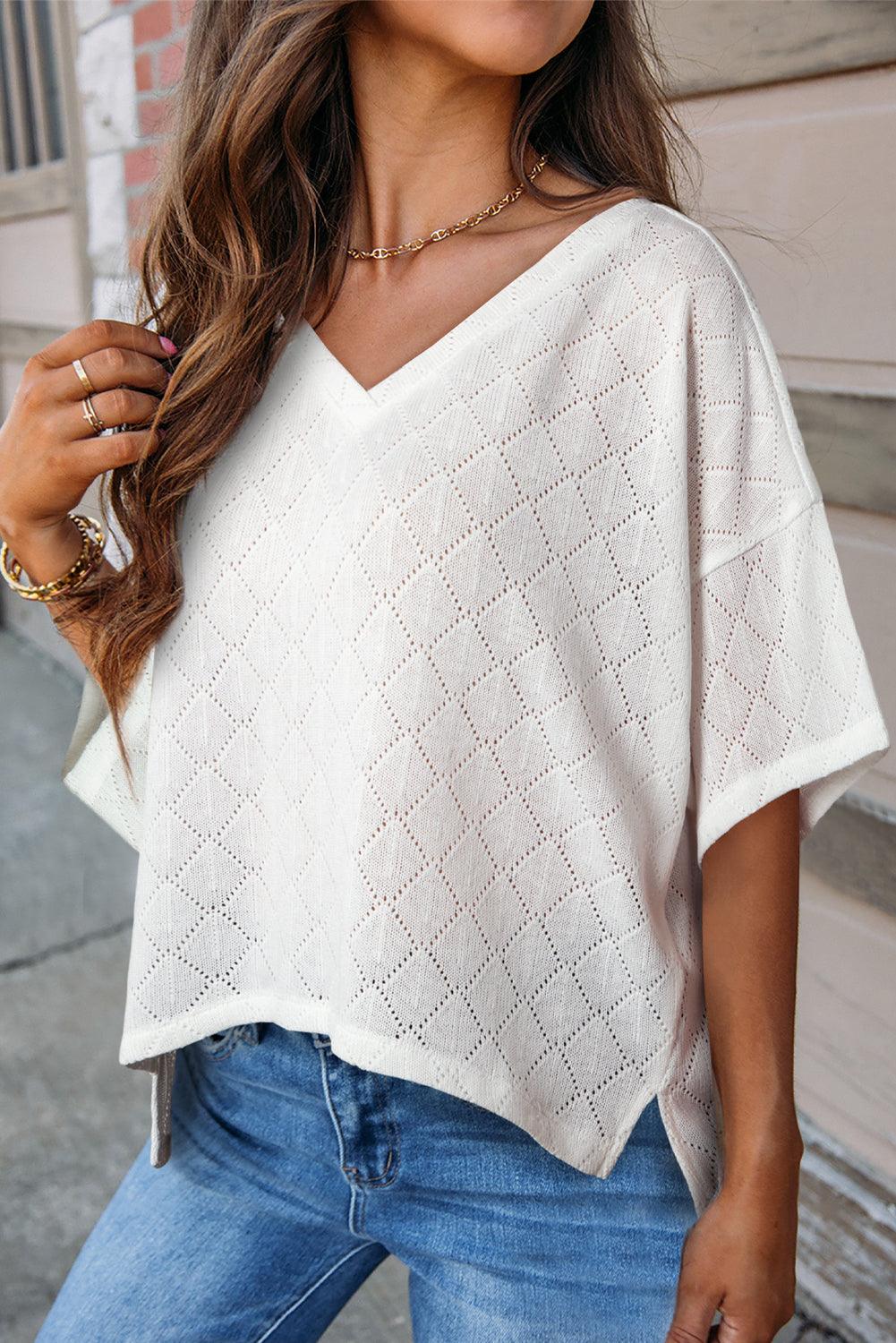 White V Neck Knitted Flowy Blouse