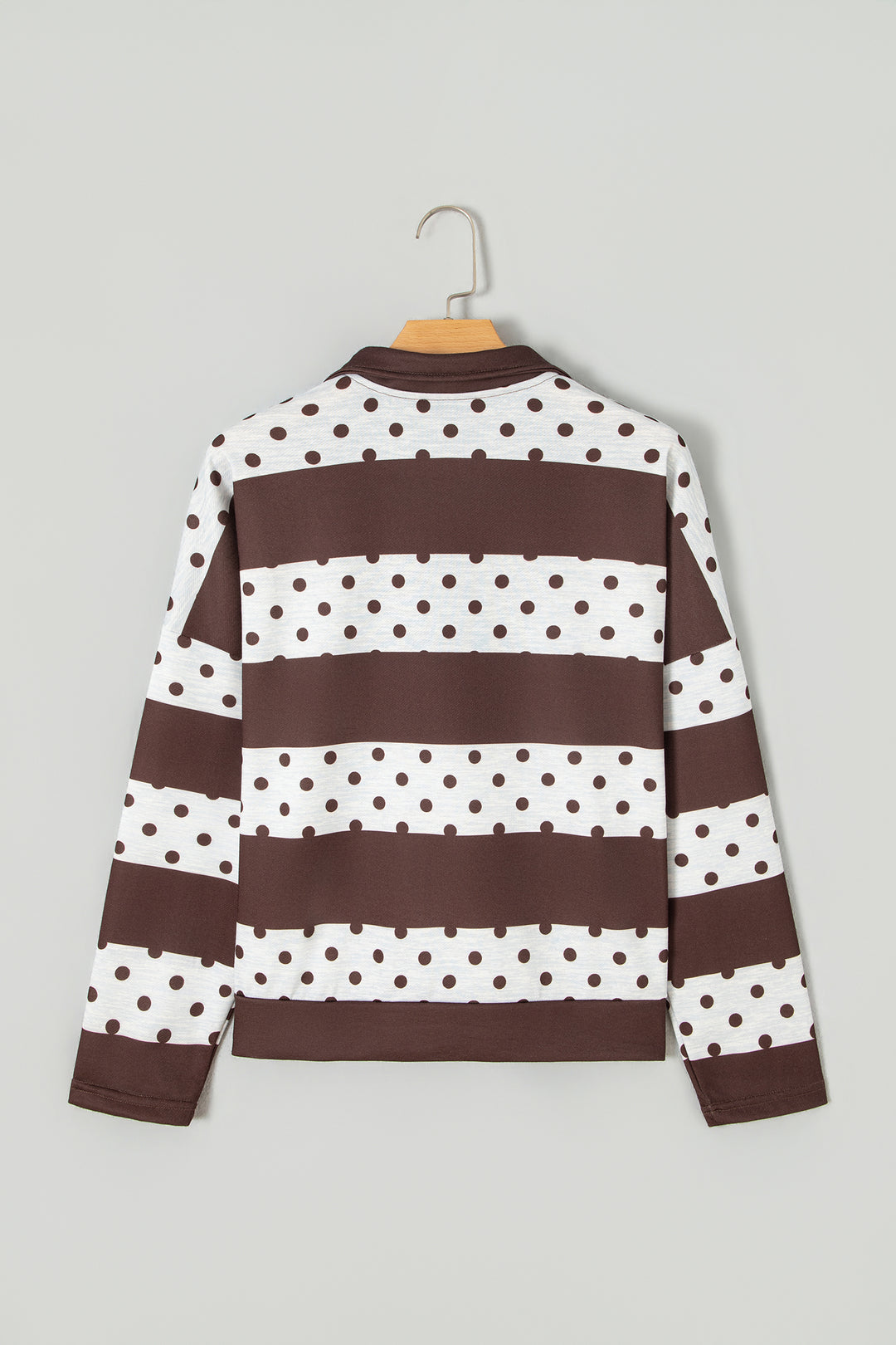 Brown Stripe Patchwork Polka Dot Accent Quarter Zip Long Sleeve Top
