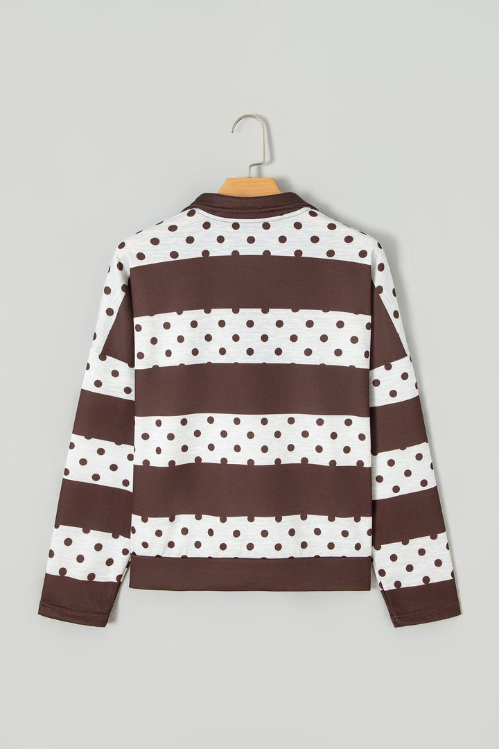 Brown Stripe Patchwork Polka Dot Accent Quarter Zip Long Sleeve Top