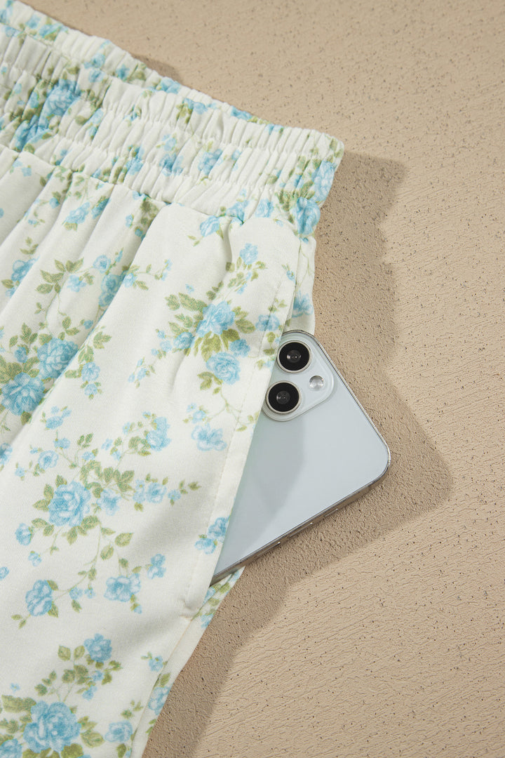 Sky Blue Floral Print Short Sleeve Elastic Waist Pocket Casual Two Piece Short Sets