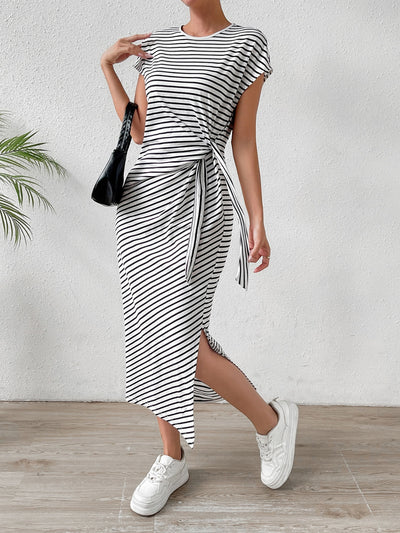 Tied Striped Round Neck Short Sleeve Tee Dress