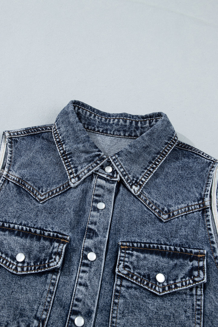 Ashleigh Blue Solid Denim Button Front Pocket Sleeveless Cowboy Vest