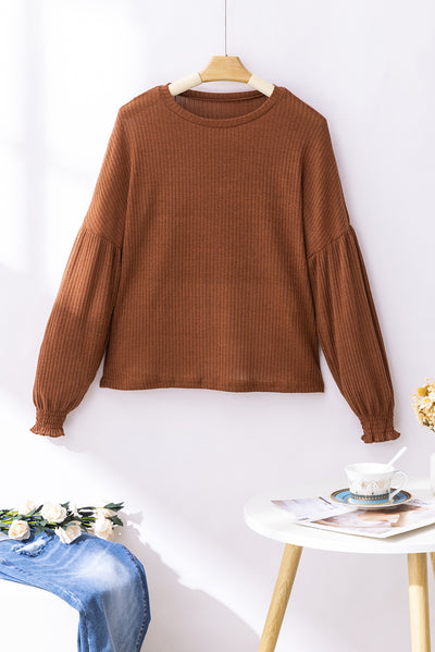 Chestnut Ribbed Knit Drop Shoulder Ruffled Sleeve Textured Top