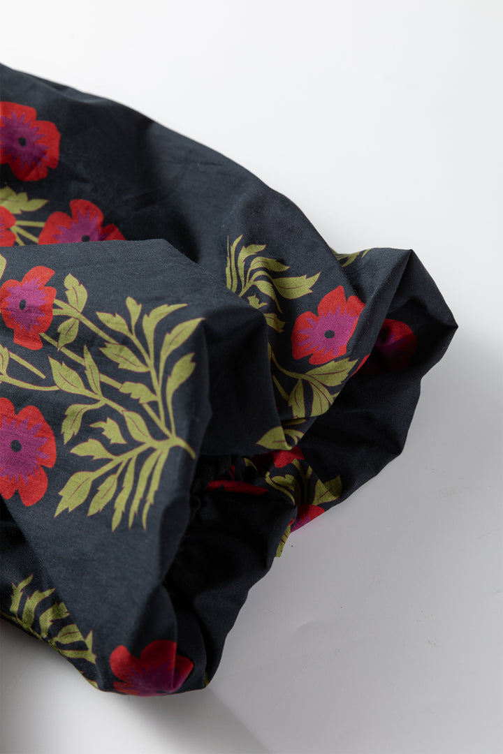 Black Floral Short Bubble Sleeve Contrast Slit Neckline Blouse