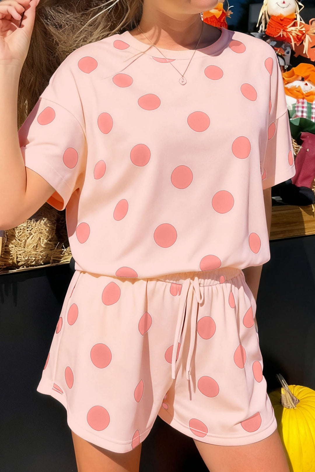 Pink Polka Dot Print Loose Tee Drawstring Elastic Waist Short Set