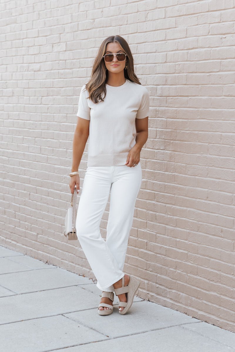 Beige Short Sleeve Crew Neck Sweater