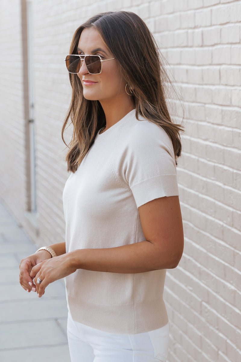 Beige Short Sleeve Crew Neck Sweater