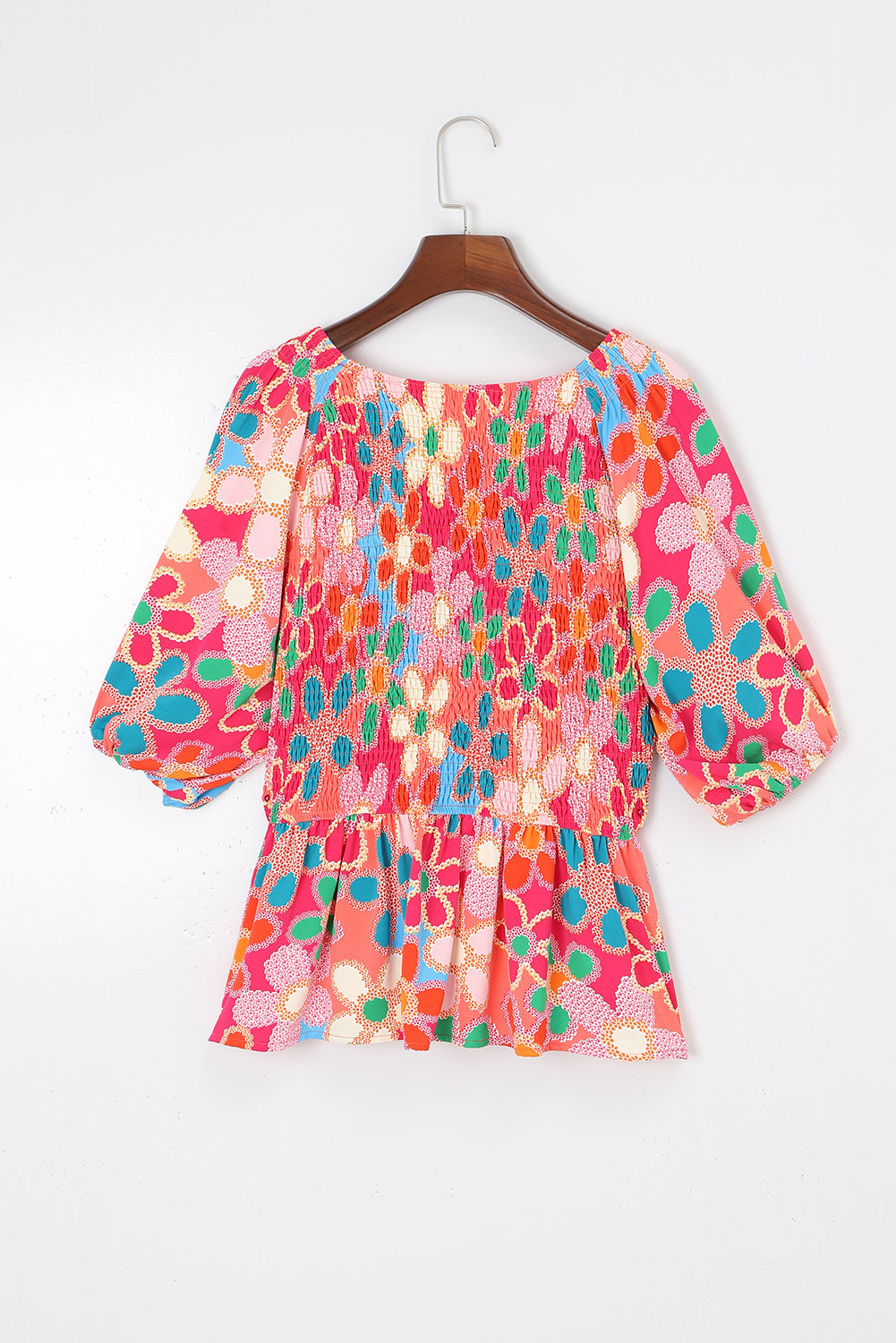 Pink Boho Flower Print Puff Sleeve Peplum Top