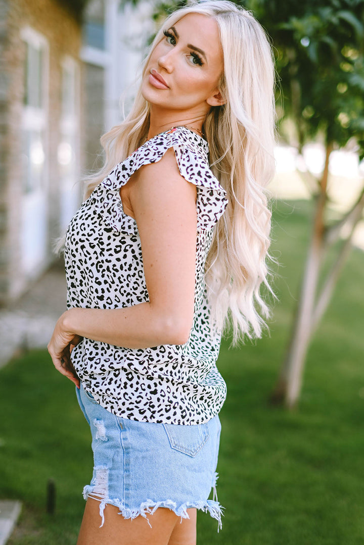 Malaya Leopard Ruffle Shoulder Sleeveless Top