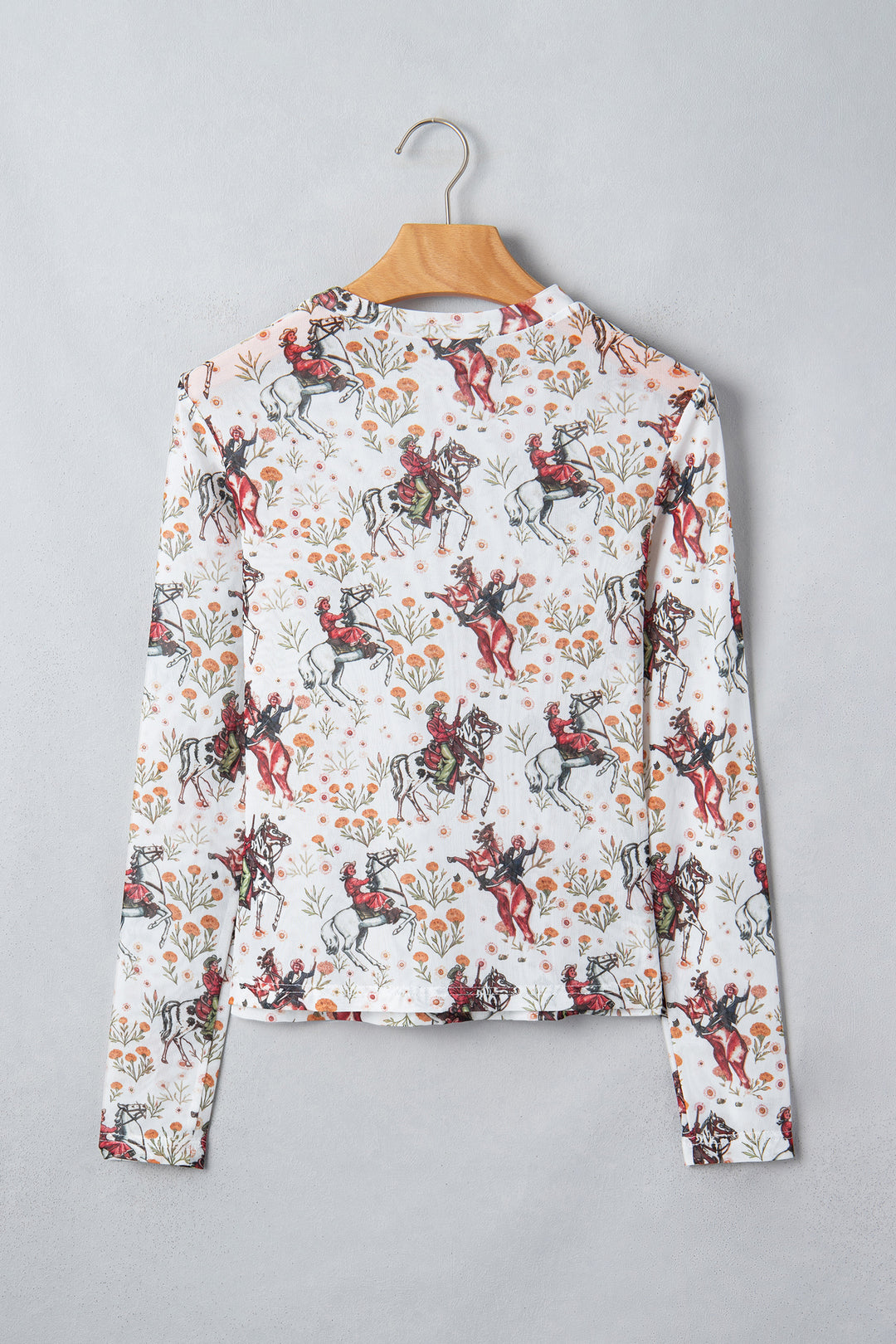 Beige Western Cowboy Floral Print Sheer Mesh Long Sleeve Top