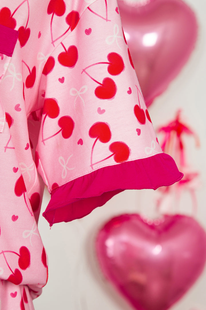 Rose Cherry Bow Mixed Print Scalloped Edge Short Pajama Set