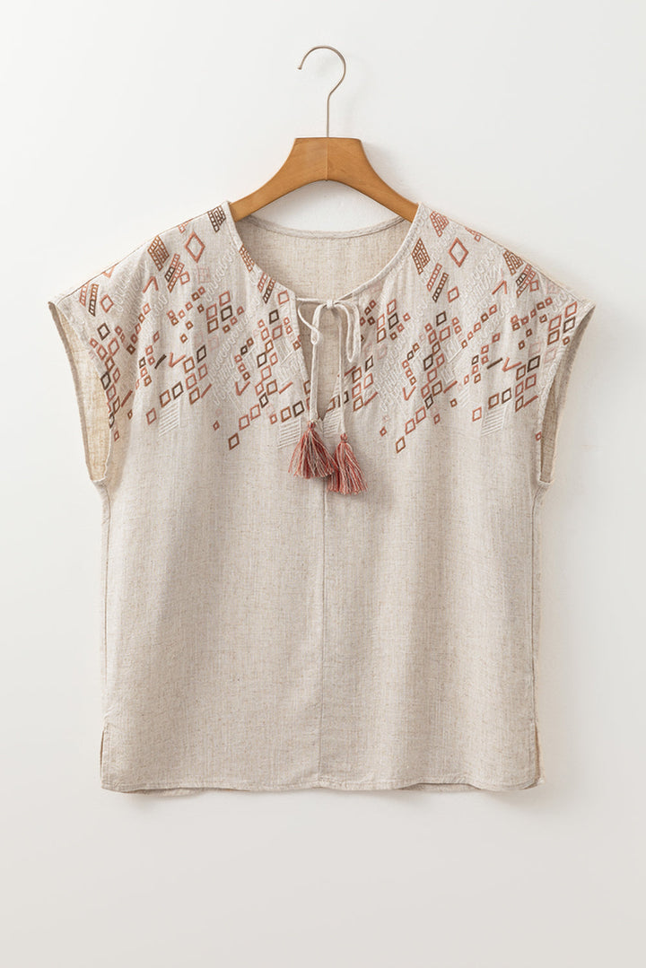 Louisa Embroidered Short Sleeve Tassel Tied Blouse