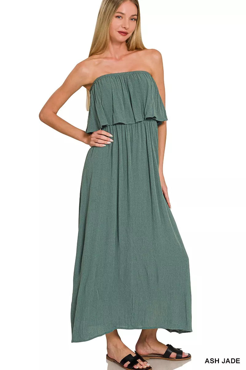 Zenana Woven Crinkle Strapless Maxi Dress Ash Jade / M