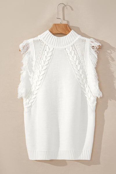 White Woven Tasseled Sleeveless Mock Neck Sweater Vest