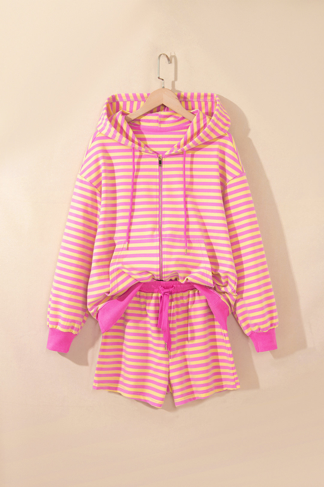 Rose Red Striped Long Sleeve Zip-Up Hoodie Drawstring Elastic Waist 2pcs Short Set