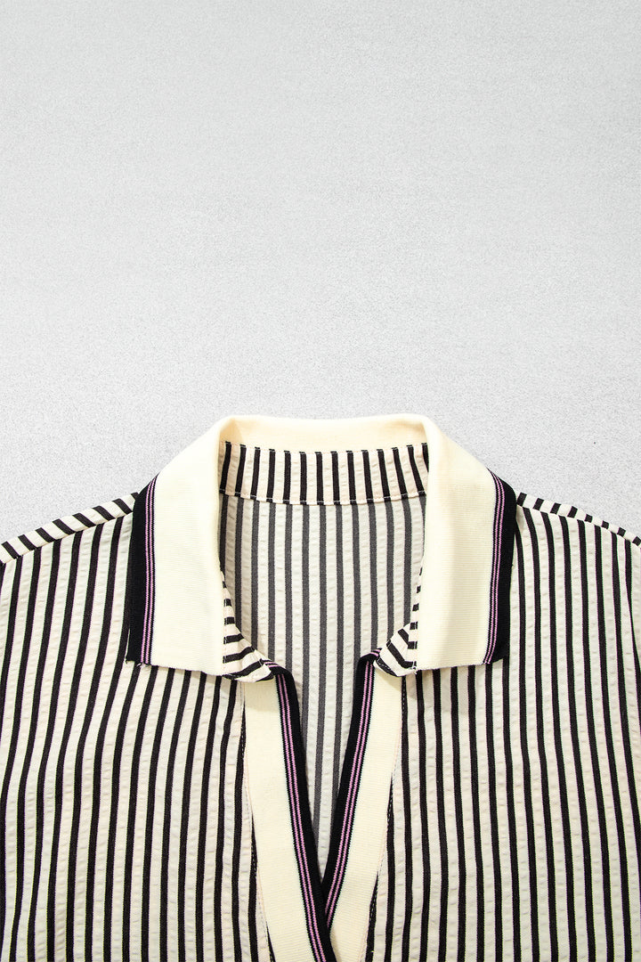 Black Stripe Patchwork Striped V Neck Tunic Plus Size Blouse