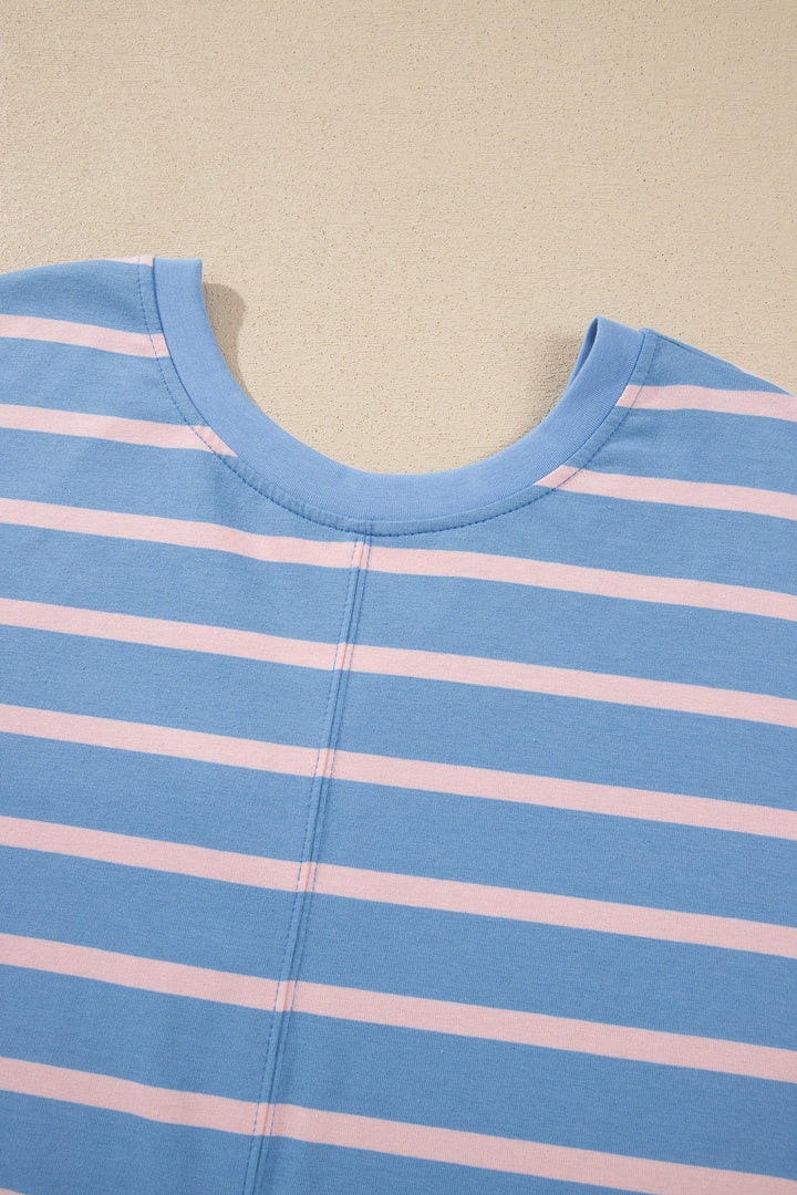 Sky Blue Stripe V Neck Short Sleeve Double Wear Loose Romper