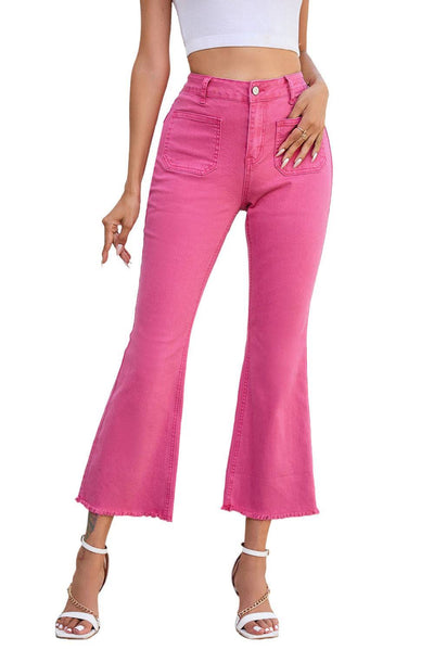 Pink Ankle-length Flare Leg Raw Hem Jeans