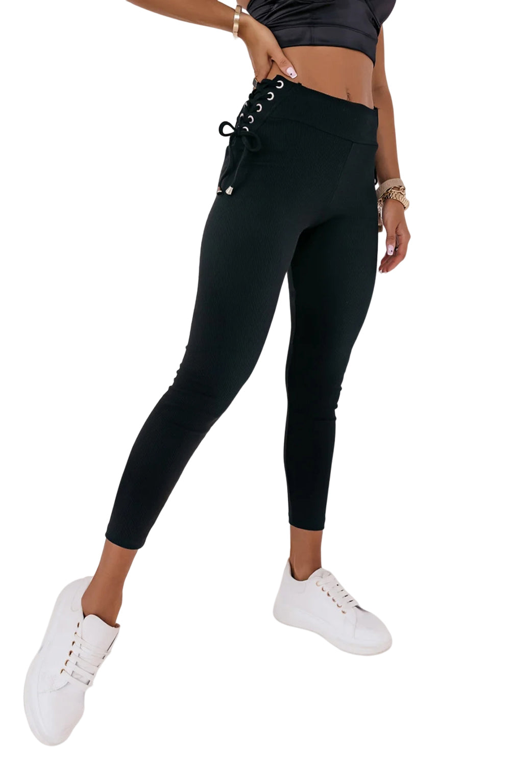 Black Side Lace up Ribbed Leggings