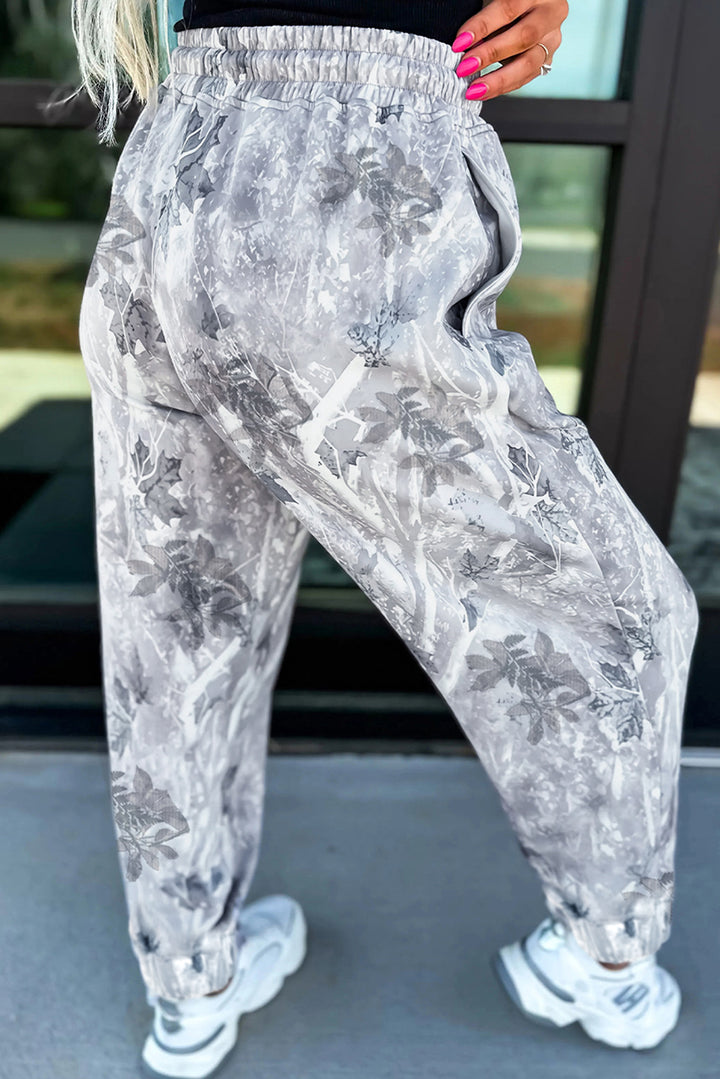 Gray Camo Print Cozy Drawstring Elastic Waist Jogger Pants