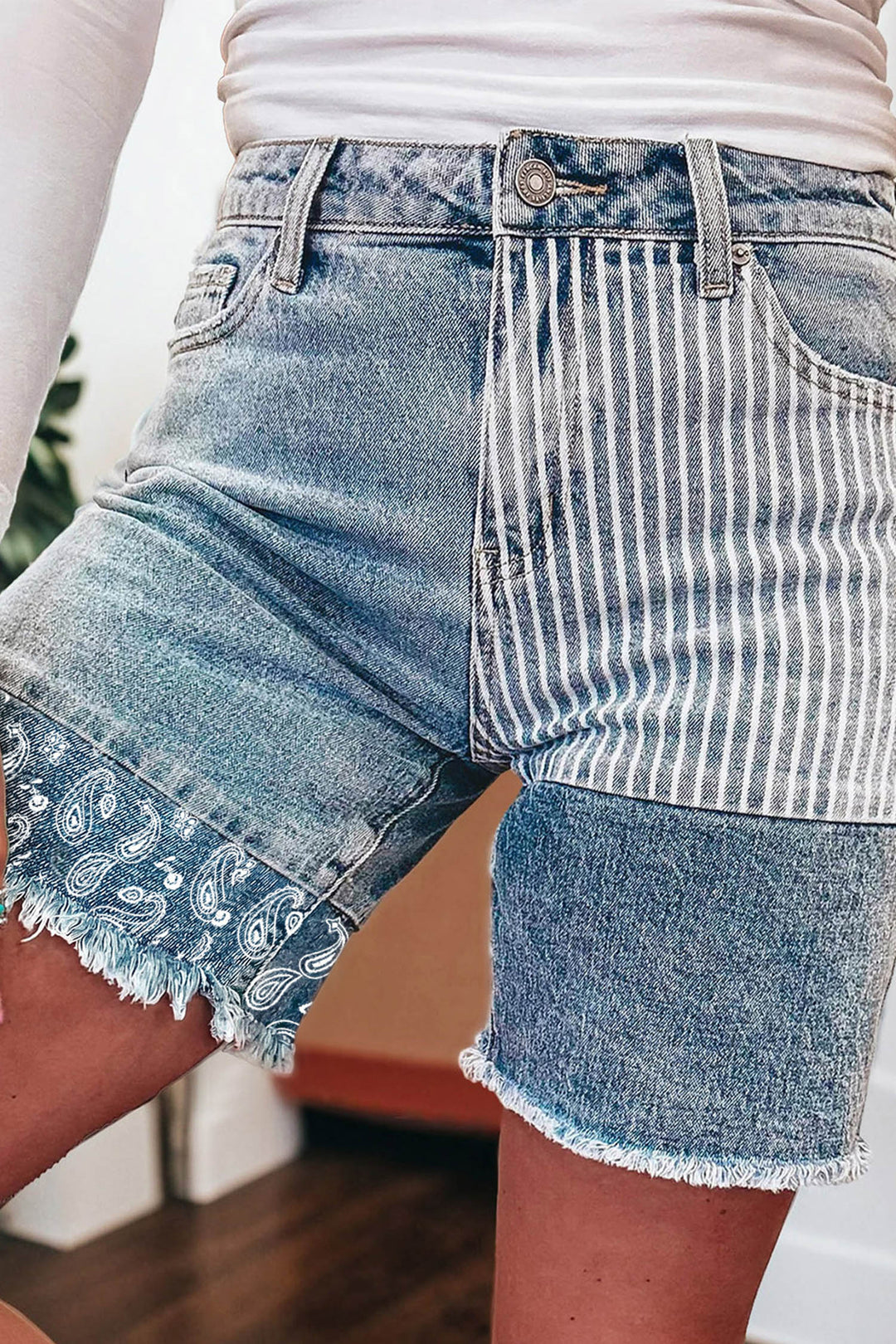 Sky Blue Striped Paisley Mixed Patchwork Raw Hem Denim Shorts
