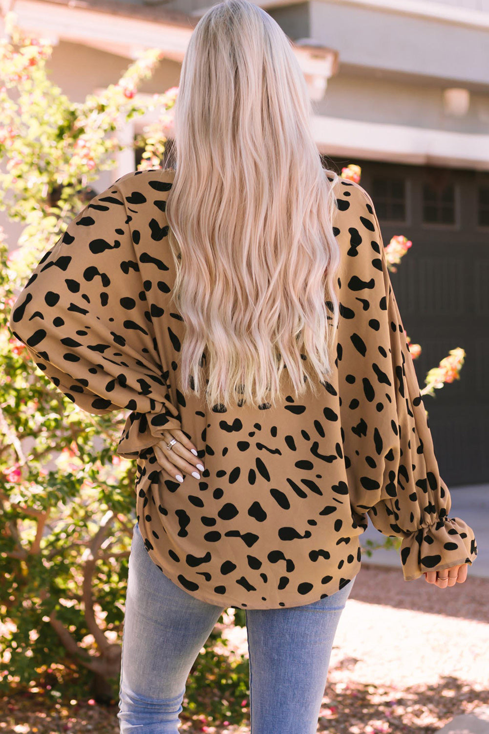 Leopard V Neck Ruffled Cuffs Loose Blouse