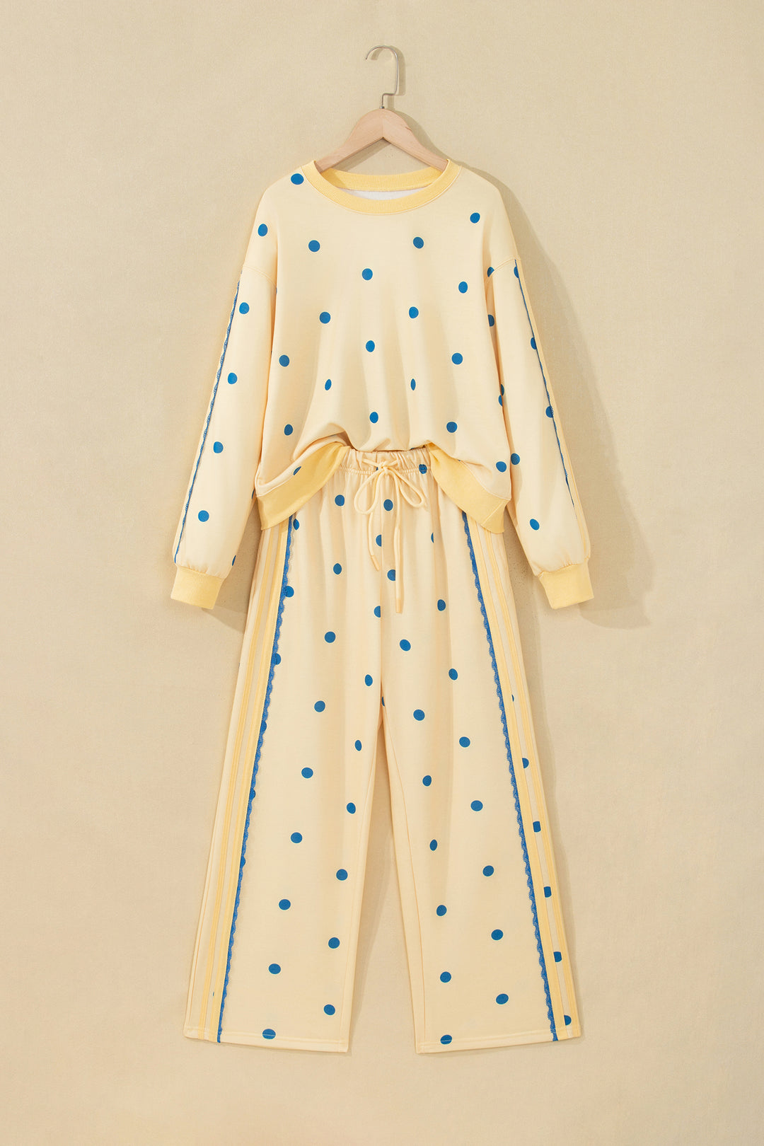 Yellow Polka Dot Long Sleeve Top Patchwork Detail Loose Pant Set