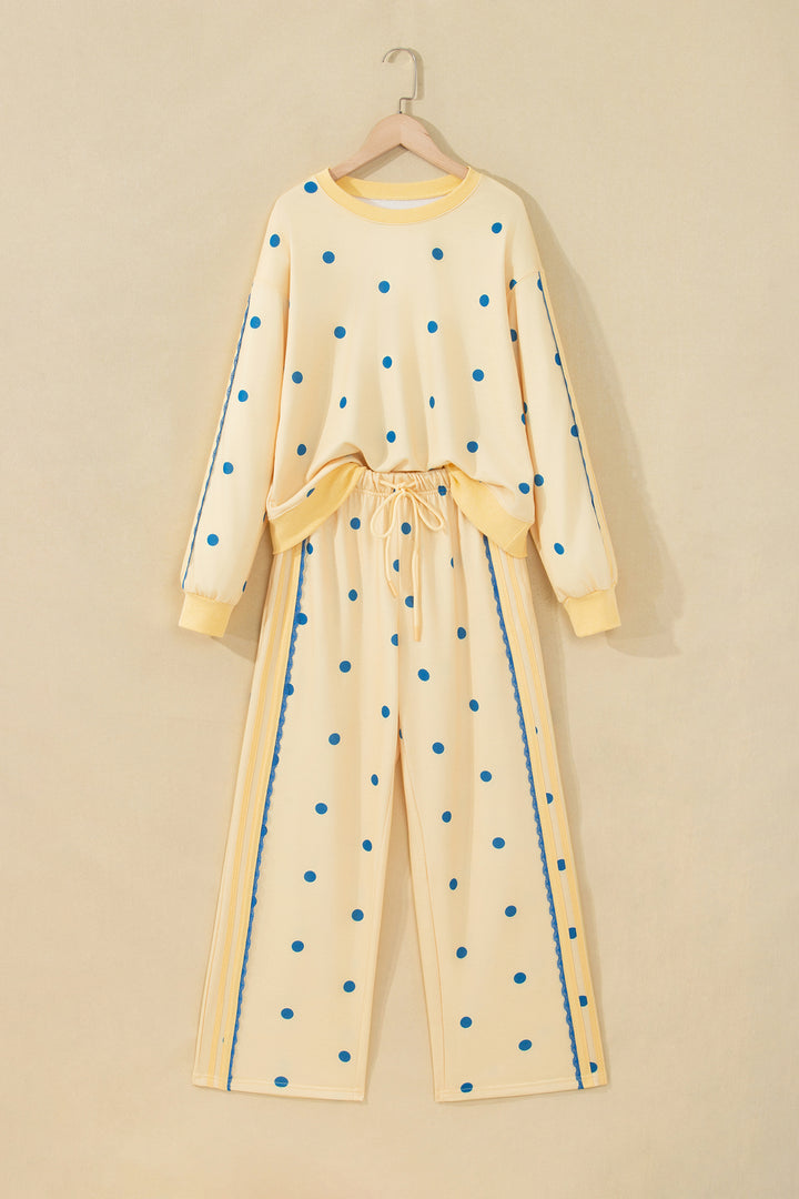 Yellow Polka Dot Long Sleeve Top Patchwork Detail Loose Pant Set