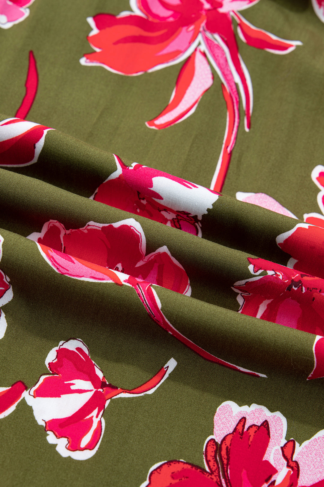 Green Floral Print Striped Trim Split Neck Short Puff Sleeve Ruffle Hem Maxi Dress