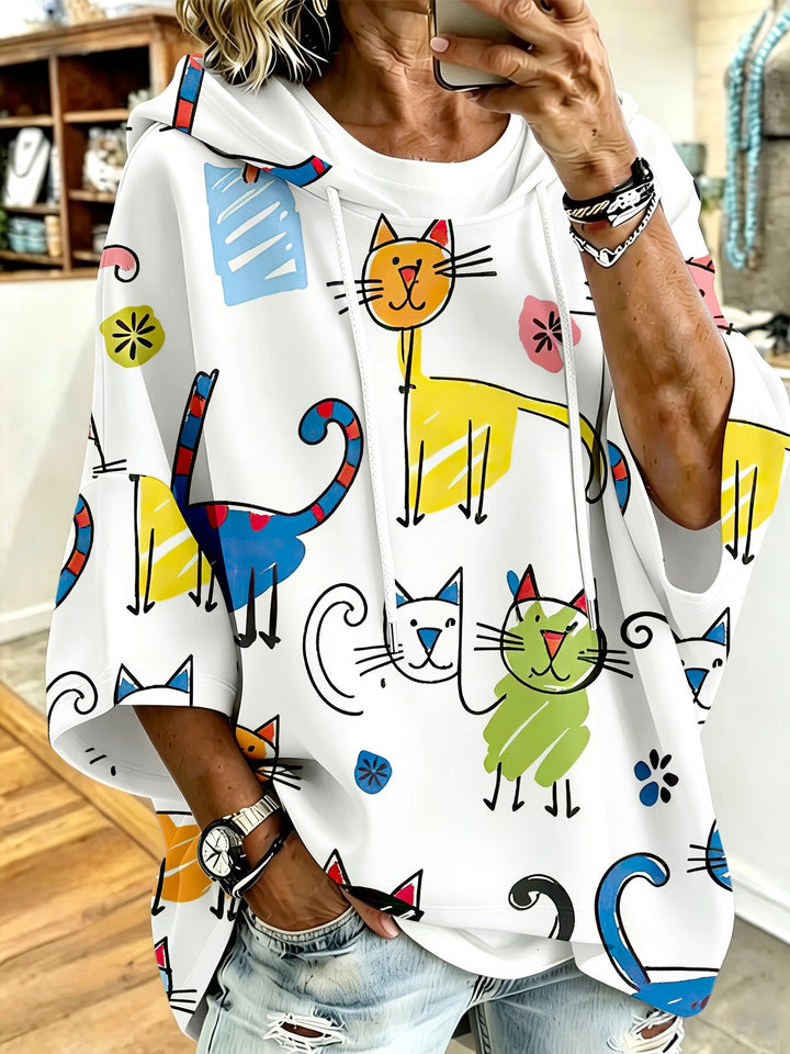 Cartoon Cat Print Hoodie with 3/4 Sleeves &amp; Drawstring