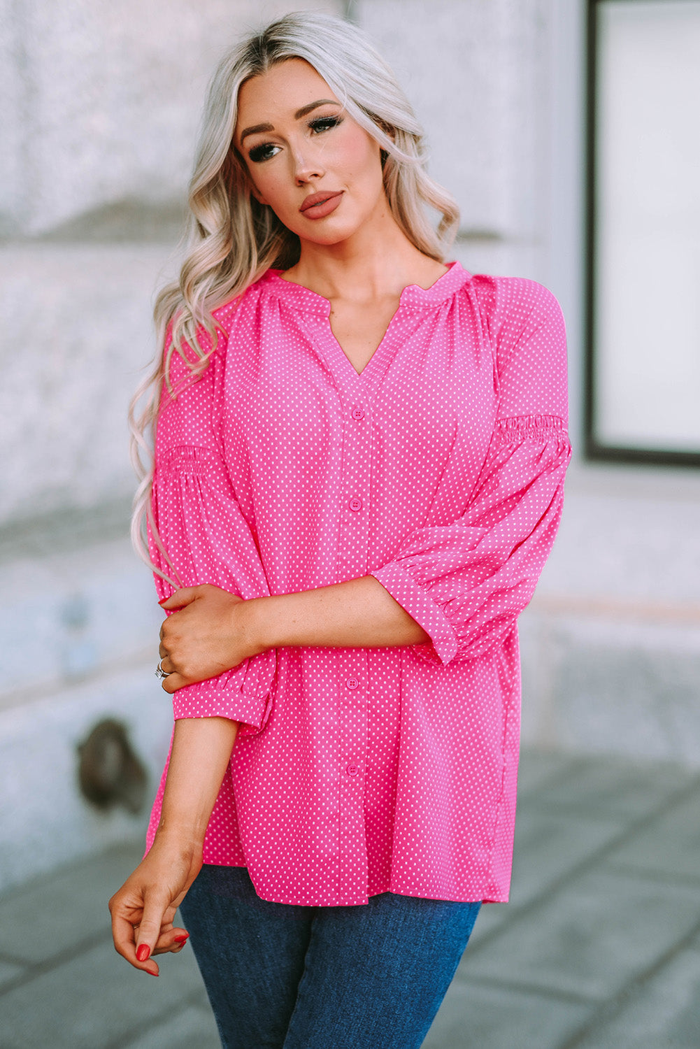 Pink 3/4 Sleeves Dotted Print Loose Shirt