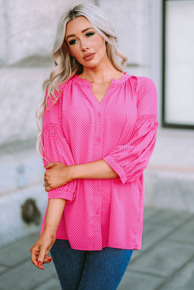 Pink 3/4 Sleeves Dotted Print Loose Shirt