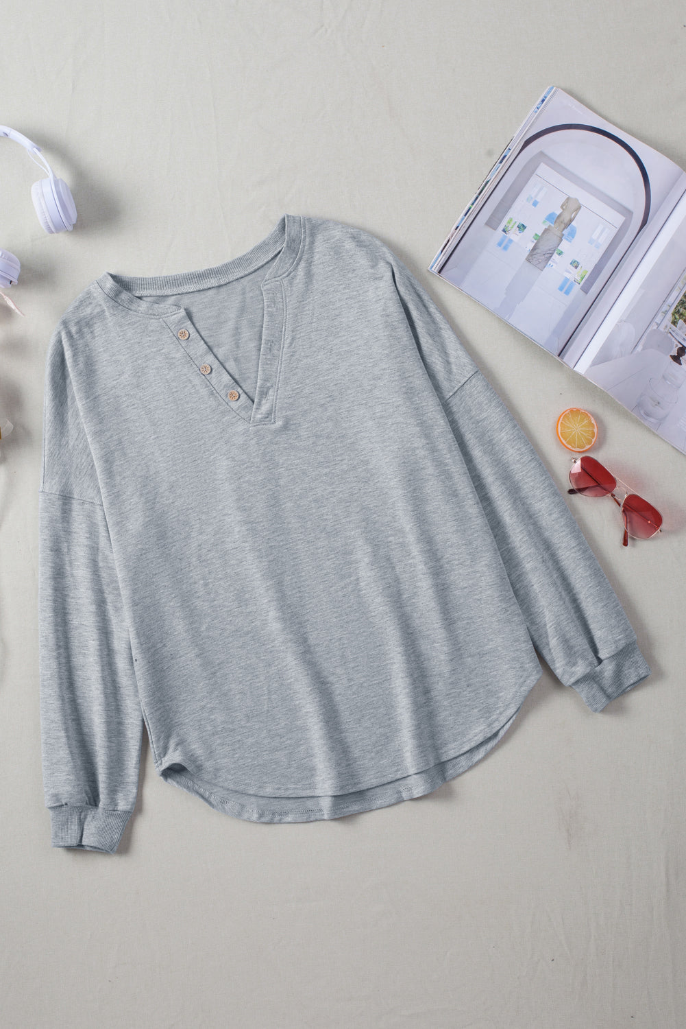 Gray Buttoned V Neck Cotton Loose Fit Top