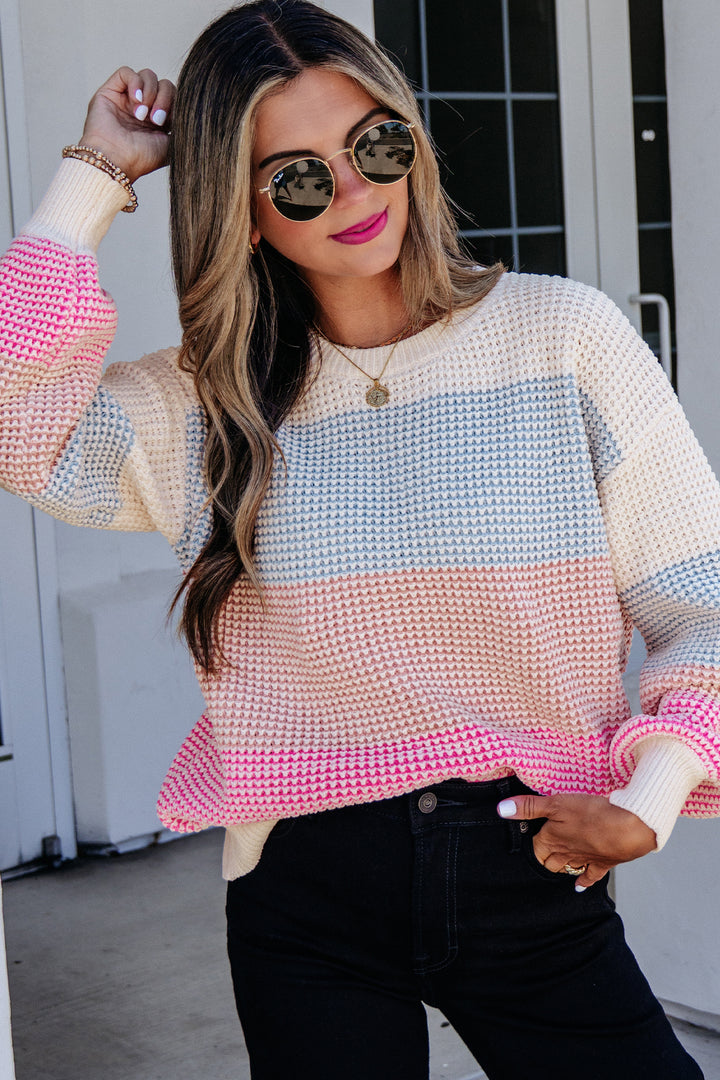 Light Blue Drop Shoulder Round Neck Long Sleeve Pullover Sweater