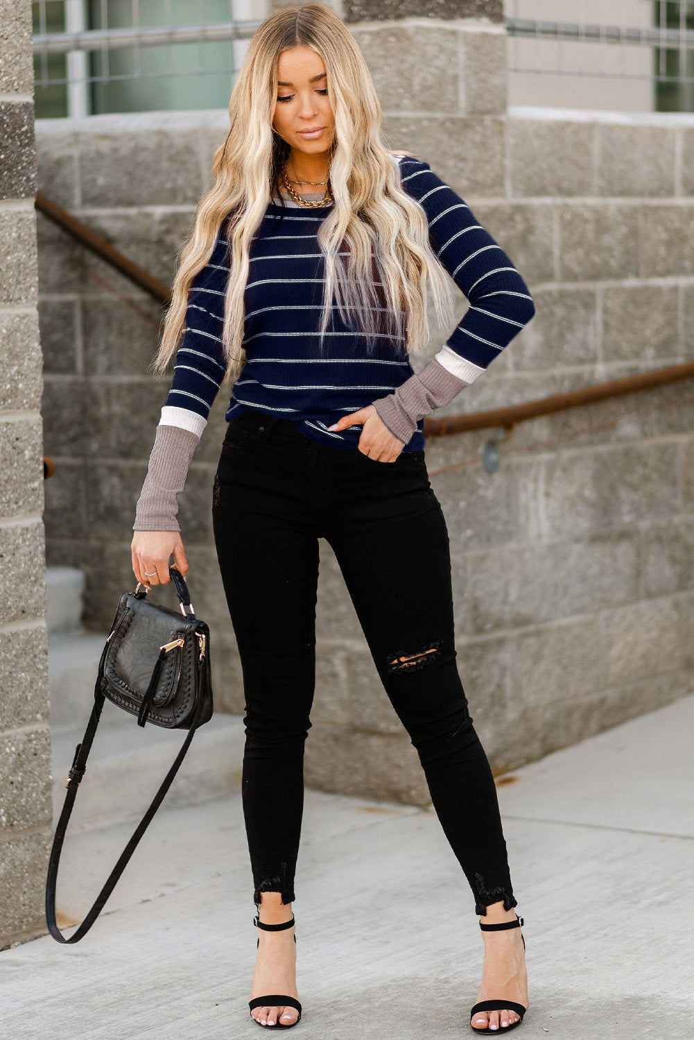 Blue Extend Color Block Cuffs Rib Knit Striped Pullover